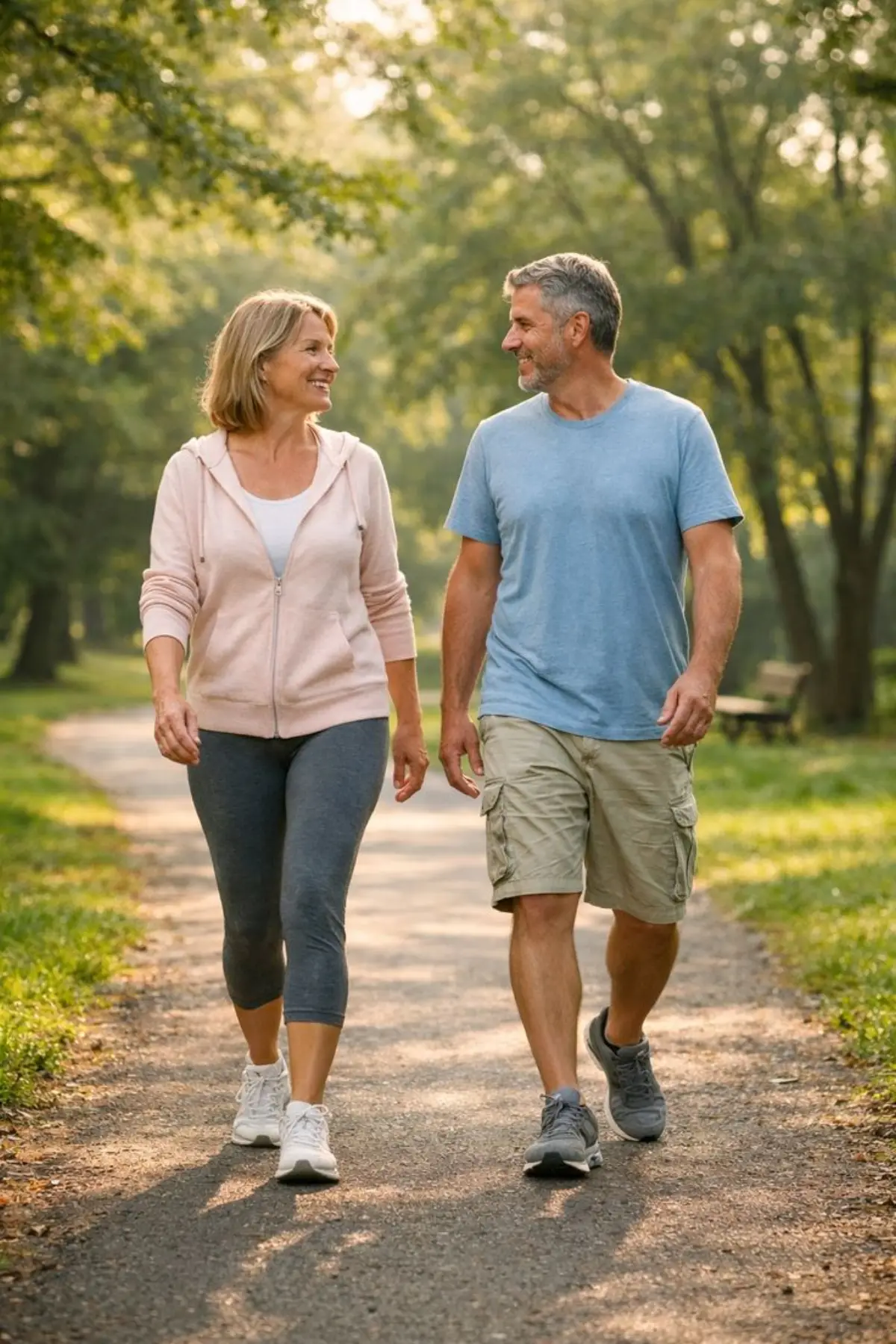 Active couple in their 50s walking together outdoors