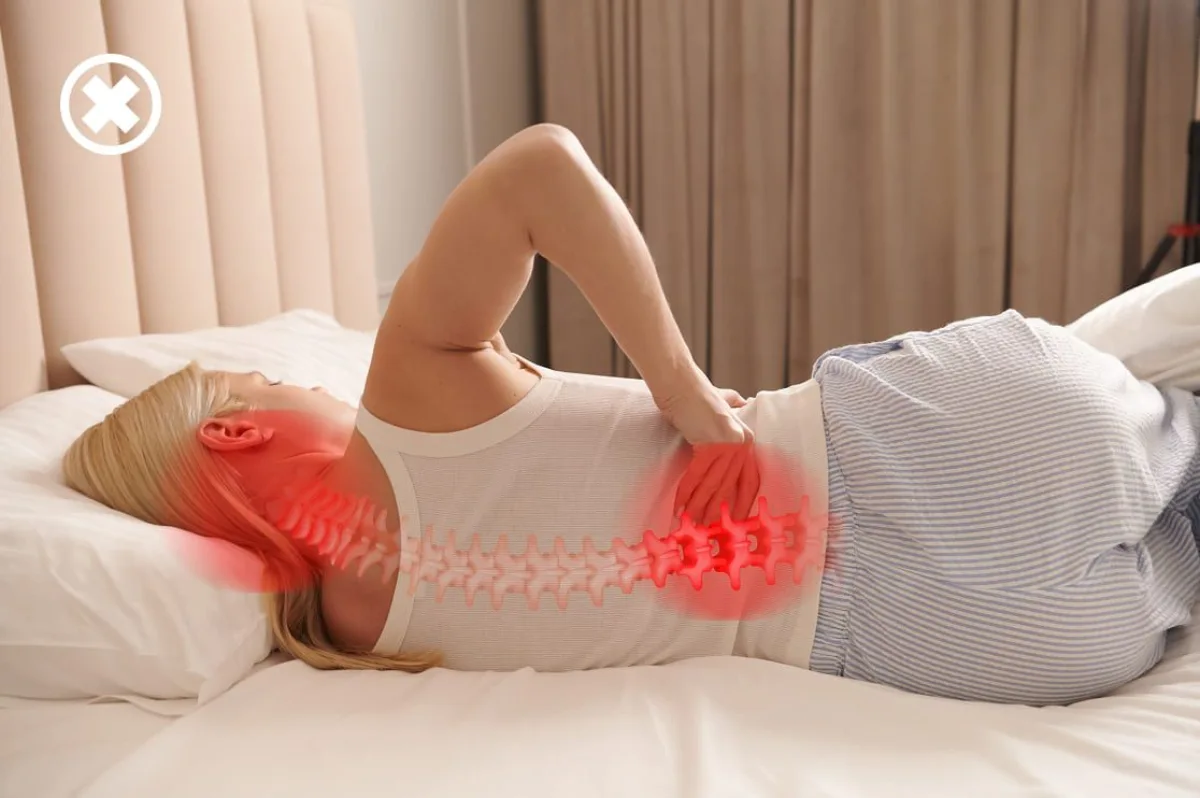 Person sleeping without proper spinal alignment showing red spinal inflammation overlay