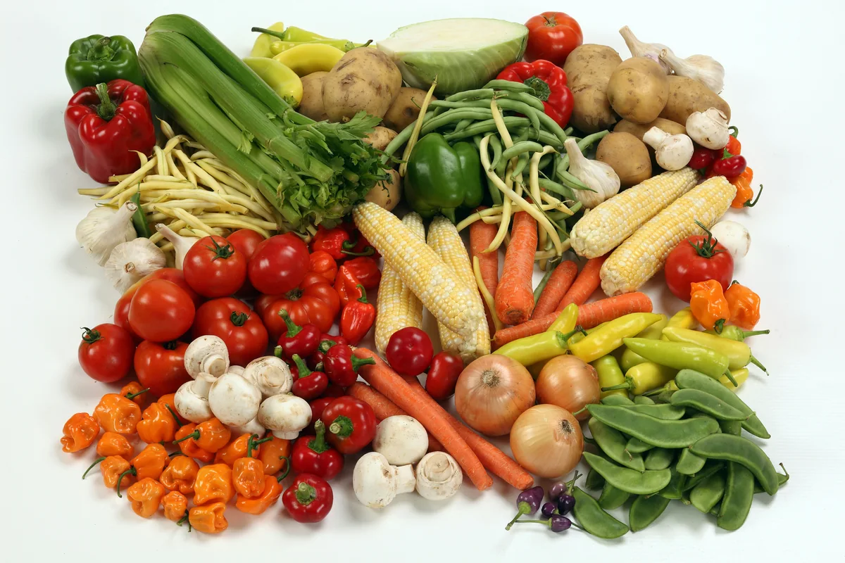 Wide variety of colorful vegetables and legumes laid out together