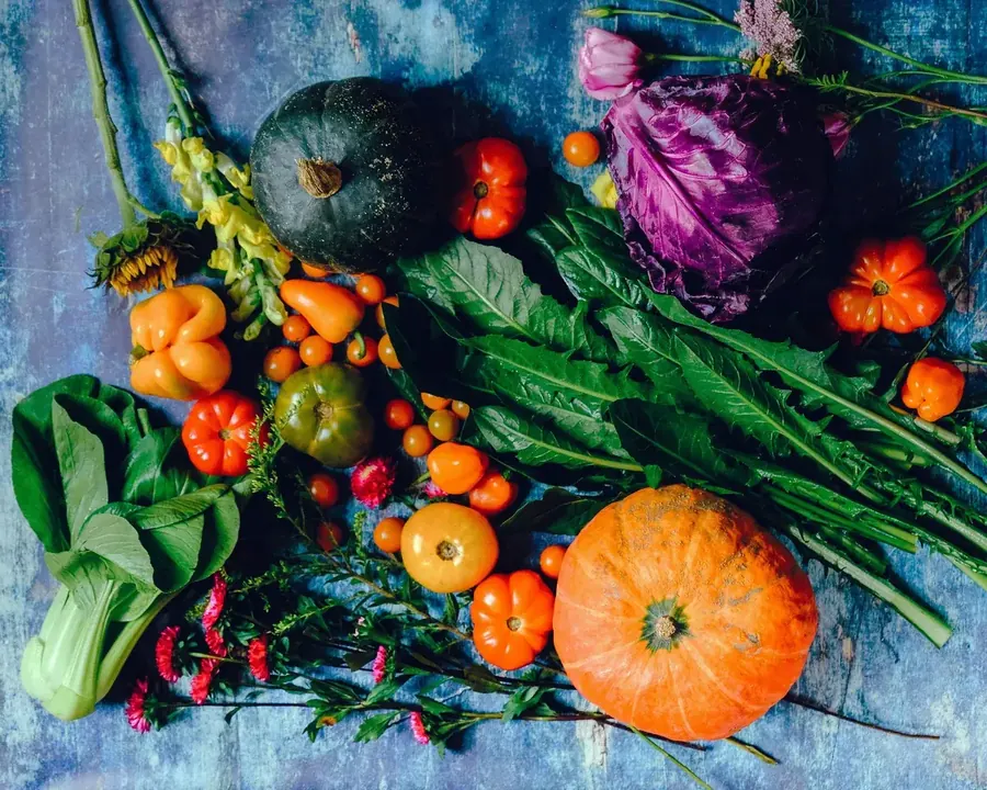 Colorful variety of fresh vegetables and plants on a rustic blue surface