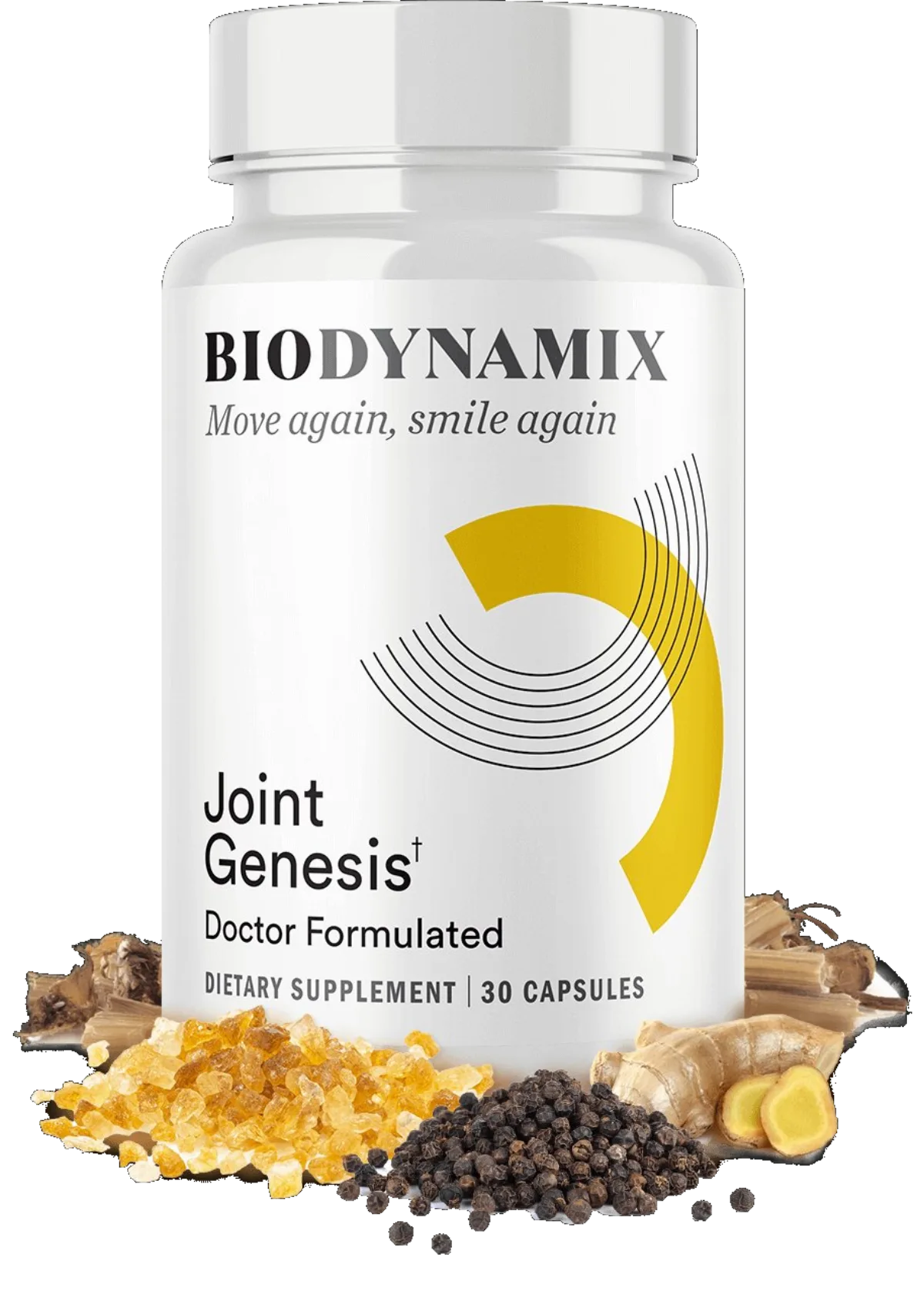 Joint Genesis bottle with natural ingredients including ginger root, black pepper and botanical extracts