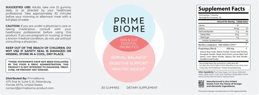 PrimeBiome supplement label showing ingredients panel