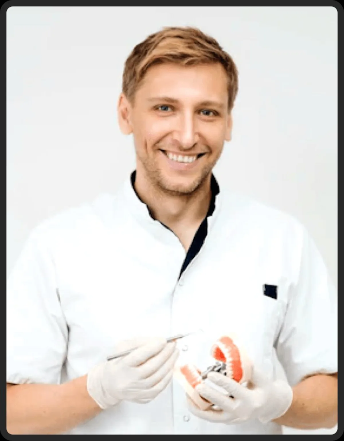 Dental professional holding tooth model