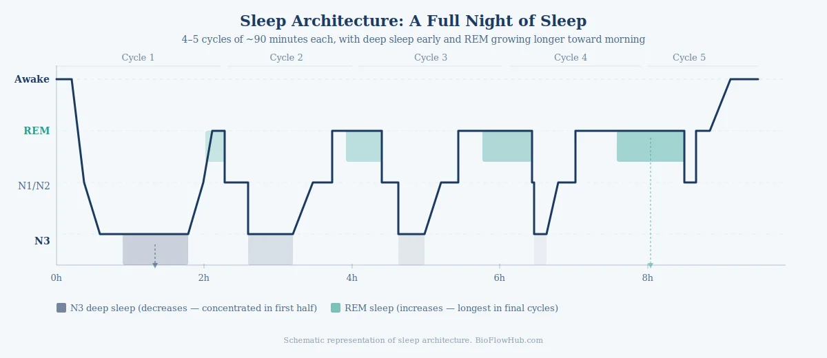 Hypnogram showing sleep cycles across a full night with NREM stages 1, 2, 3 and REM, illustrating how deep sleep concentrates in the first half and REM grows longer toward morning